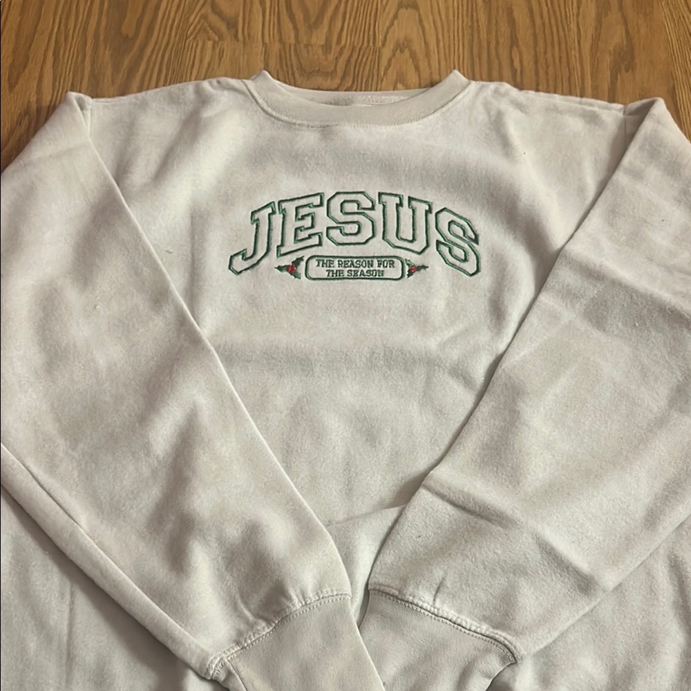 Love in White Crewneck Sweater with Green Embroidery